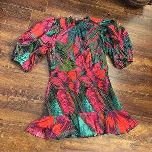 FARM Rio Vibrant Leaf Print 3/4 Sleeve Dress